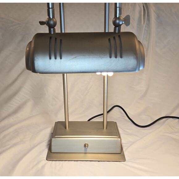 Vintage Art Deco Brushed Steel Tech Desk Lamp Outlet Plugs Phone Outlets Chrome - Picture 1 of 16